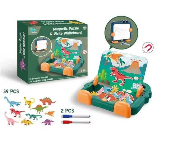 Tabla de desen magnetica cu puzzle dinozaur - jucarie educationala Montessori pentru copii