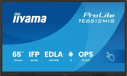 Tabla interactiva IIYAMA 65inch TE6512MIS-B4AG, Ultra HD (3840x2160), 40 Touchpoints, Wi-Fi, Android, 8GB RAM, 128GB Flash, 6.5ms