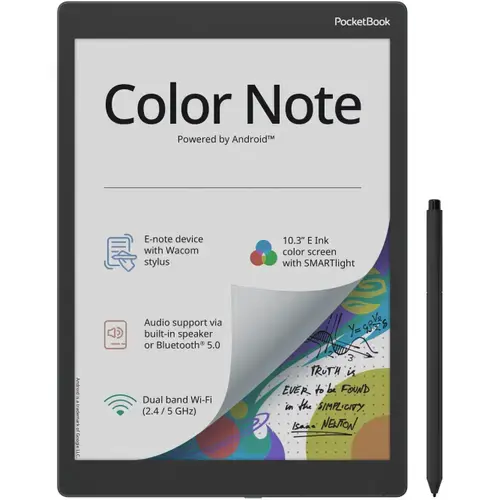 Tableta ePaper PocketBook Color Note, Ecran E Ink Kaleido 3, Procesor Quad Core 1.5GHz, 4GB RAM, 32GB Flash, Wi-Fi, Bluetooth, Android, Stylus (Gri)