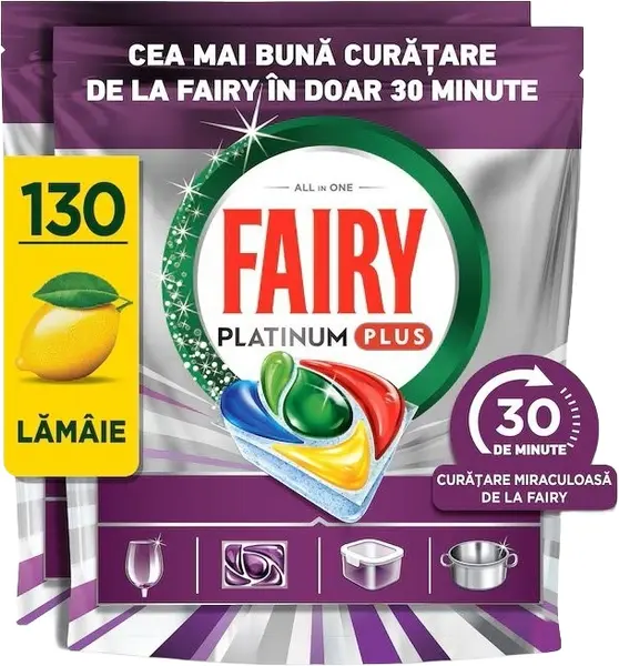 Tablete pentru mașina de spălat vase Fairy - Platinum Plus, 30 Мinute Miracle, 5 х 26 buc