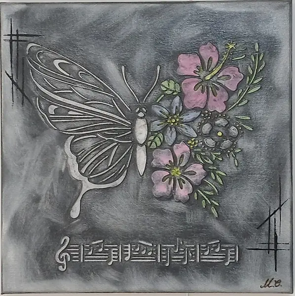 Tablou decorativ în relief 30cm x 30cm „Armonie muzicală florală” – design modern 3D, realizat manual - negru antichizat
