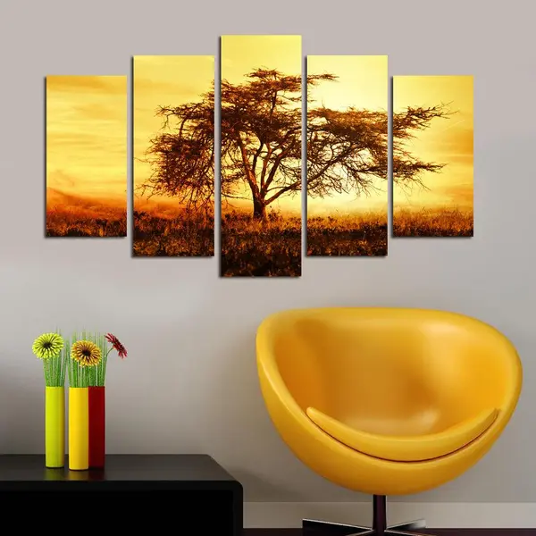 Tablou MDF ( 5 buc ) Copac in Soare, Multicolor, 60x110 cm
