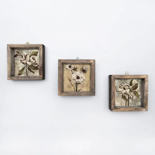 Tablou MDF cu rame Flori Uscate, 3 bucăți, Multicolor, 15x15 cm
