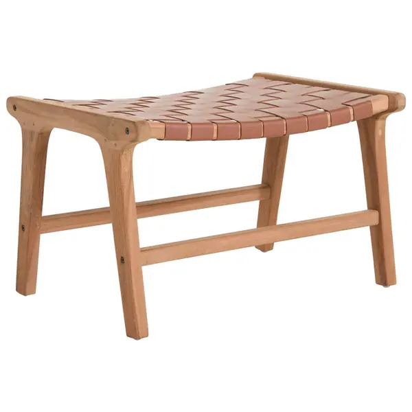 Taburet din lemn, piele, maro, culoare natur