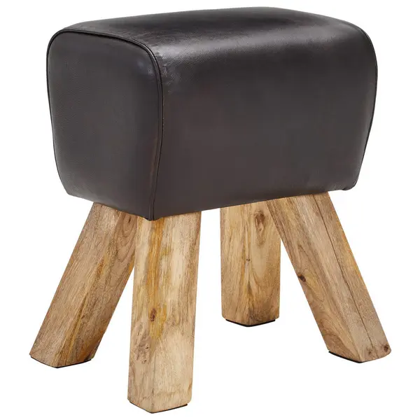 Taburet din lemn, piele, negru