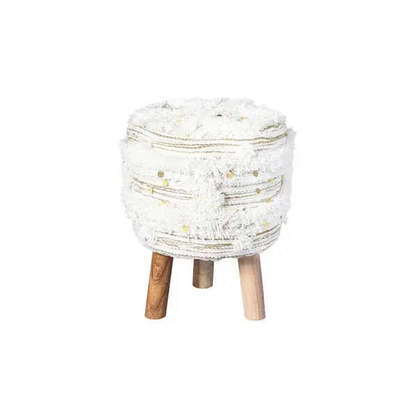 Taburet din lemn, textil, crem, măsliniu