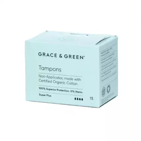 Tampoane din Bumbac Organic fara Aplicator Super Plus, 15 Bucati, Grace and Green