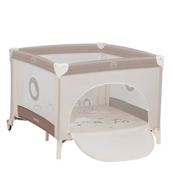 Tarc de joaca copii, Lionelo, Bonnie, Pana la 15 kg, 100 x 100 cm, Pliere compacta, Include geanta de transport, Din plasa, Cu intrare laterala cu fermoar, Cu roti, Cu salteluta din spuma, Conform cu EN12227, Bej