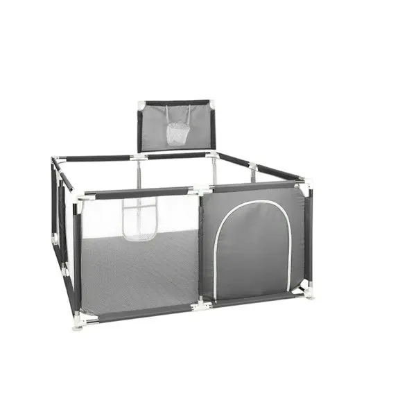 Tarc de joaca copii, Primabobo, 126 x 126 cm, Pliere compacta, Include cos de baschet, Din plasa, Cu intrare laterale si fermoar, Cu ventuze pentru stabilitate, Gri