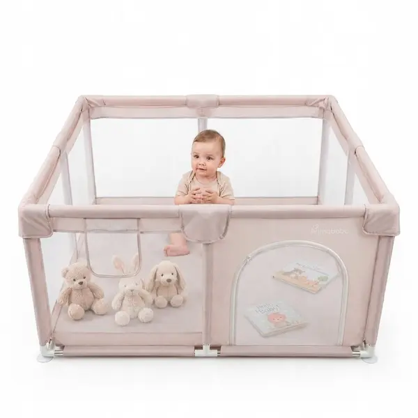 Tarc de joaca copii, Primabobo, Luna, 127 x 127 cm, Pliere compacta, Din plasa, Cu intrare laterala si buzunar pentru depozitare, Ancorare cu ventuze pentru stabilitate, Bej