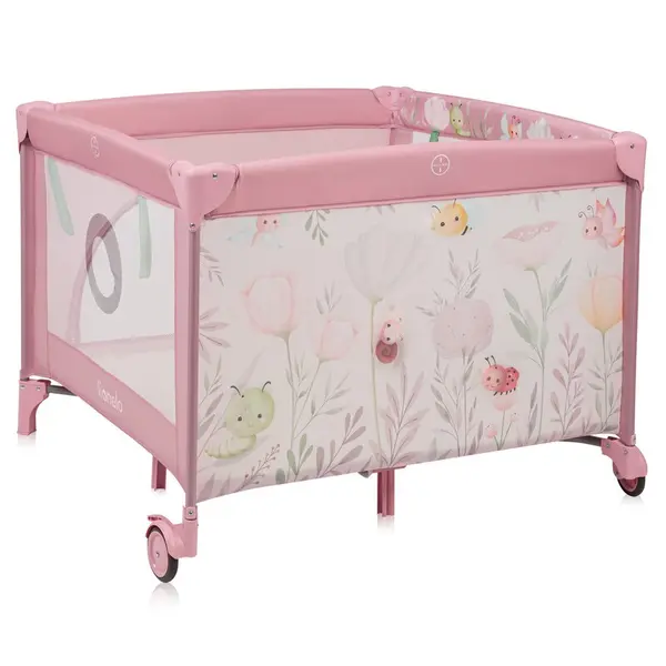 Tarc de joaca, Lionelo, Mille Plus, Pliabil, Include saltea cu densitate T25, 4 jucarii cu velcro, Manere textile, Geanta de transport, Cu roti si inchidere laterala, Pereti din plasa pentru vizibilitate si aerisire, 100 x 100 x 77 cm, Roz