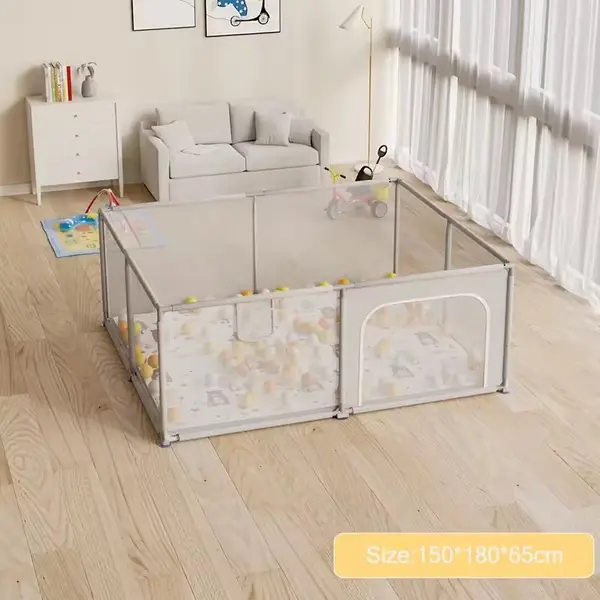 Tarc de joaca Nichiduta Forest Beige 150x180x65 cm, cu cadru metalic, pereti din plasa, acces cu fermoar, 4 inele ajutatoare, covoras din spuma cu doua fete si 100 de bile incluse