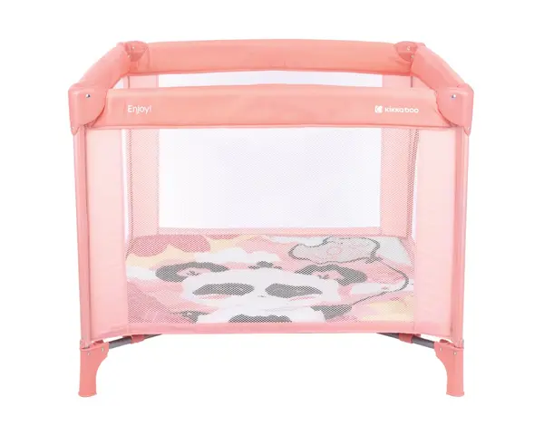 Tarc de joaca pentru copii KikkaBoo Enjoy Pink Panda 2023 cu pliere compacta,usa mare de acces cu fermoar,saltea pliabila moale,inele si geanta pentru transport incluse