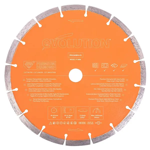 Tarcza diamentowa Evolution 230 mm Premium z wysoką koncentracją diamentu, segmentową krawędzią i otworem