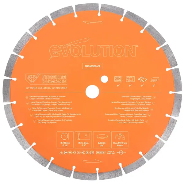 Tarcza diamentowa Evolution 300 mm Premium z wysoką koncentracją diamentu, segmentową krawędzią i otworem