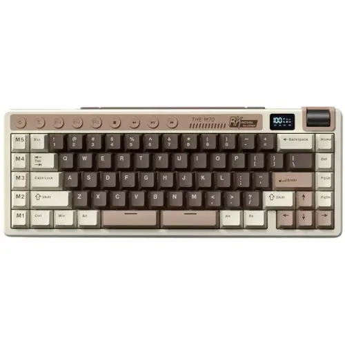 Tastatura Gaming Royal Kludge RK M70, Cream switch, iluminare RGB, Wired, Wireless 2.4Ghz, Bluetooth (Crem/Maro)
