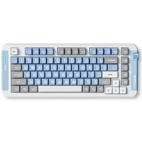 Tastatura mecanica gaming MCHOSE X75 Sky Blue, 82 taste (75%), switch-uri KTT Hyacinth pre-lubrifiate, iluminare RBG 360°, conectare 2.4 GHz/BT/Type-C, 5 straturi de izolare fonica, hot-swap, software personalizabil, baterie 4000 mAh