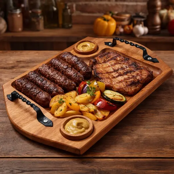 Tava din lemn cu manere din fier forjat si 2 sosiere - 40x30 cm