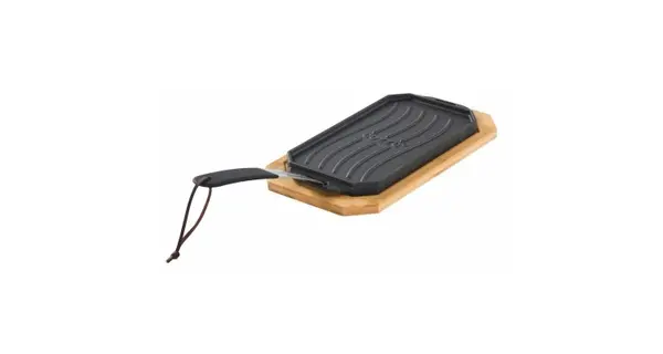 Tava reversibila din fonta cu suport din lemn pentru servire Cozze 16,5 x 33 cm 90326