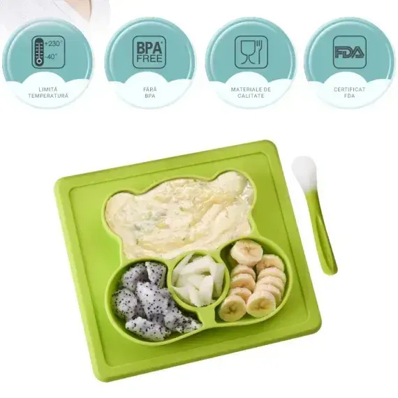 Taviță de diversificare din silicon – bebeluși 4 luni+, 22,5 × 20 × 2,5 cm - Verde