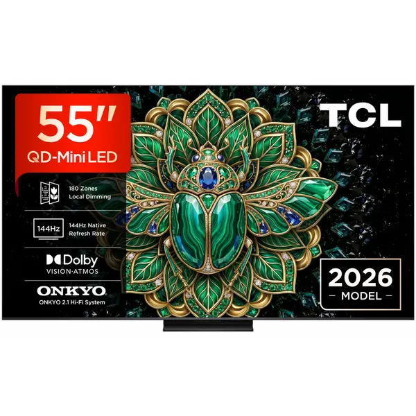 TCL Televizor QD-MiniLED TCL 55MQLED75L, 138 cm, Smart Google TV, 4K Ultra HD, 144Hz, Onkyo (Model 2026), Negru