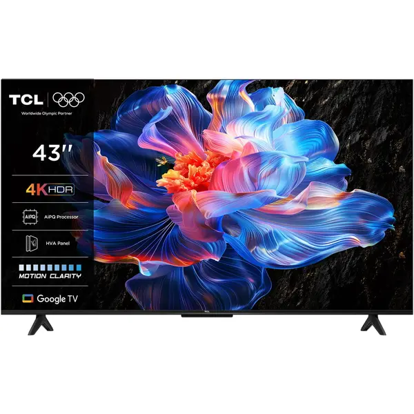 TCL Televizor TCL LED 43P6K, 108 cm, Smart Google TV, 4K Ultra HD, Clasa F, Negru