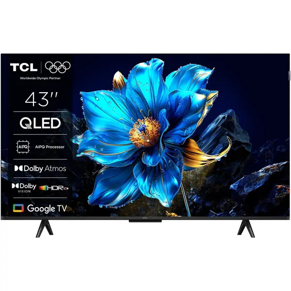 TCL Televizor TCL QLED 43P7K, 108 cm, Smart, Google TV, 4K Ultra HD, DVB-T2/C/S2, Wi-Fi, Bluetooth, Clasa F, Negru