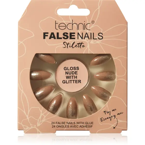 Technic Cosmetics False Nails Stiletto unghii artificiale Gloss Nude with Glitter 24 buc