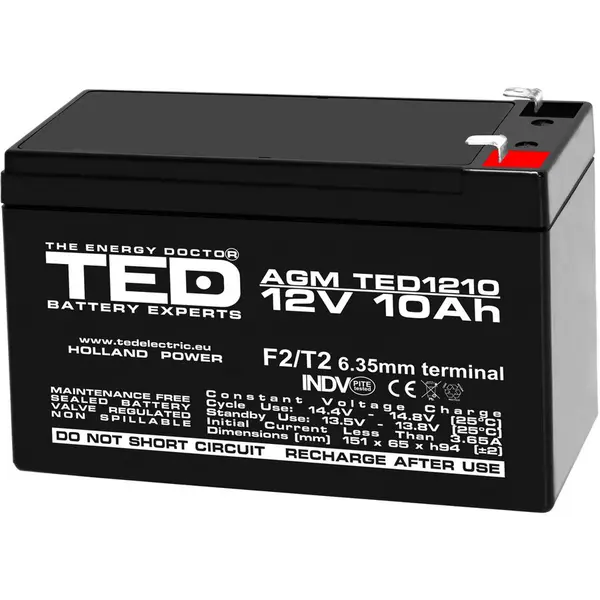 TED Electric Acumulator TED Electric TED002730, 12V Stationar VRLA, Dimensiuni 151 x 65 x 95 mm, Baterie 12V 10Ah F2