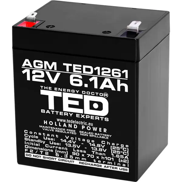 TED Electric Acumulator TED Electric TED003171, 12V Stationar VRLA, Dimensiuni 90 x 70 x 98 mm, Baterie 12V 6.1Ah F2