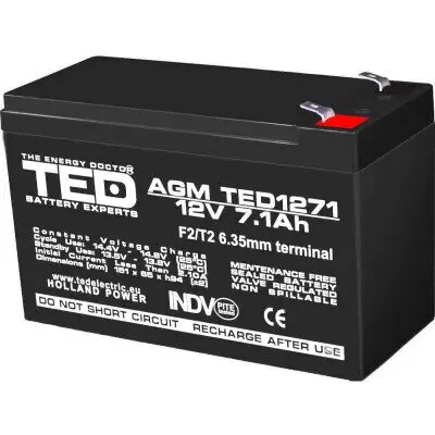 TED Electric Acumulator TED Electric TED003225, 12V Stationar VRLA, Dimensiuni 151 x 65 x 95 mm, Baterie 12V 7.1Ah F2