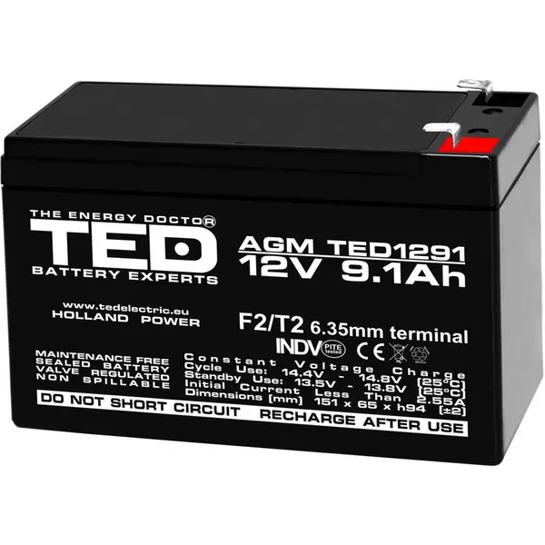 TED Electric Acumulator TED Electric TED003263, 12V Stationar VRLA, Dimensiuni 151 x 65 x 95 mm, Baterie 12V 9.1Ah F2, TED Electric TED003263