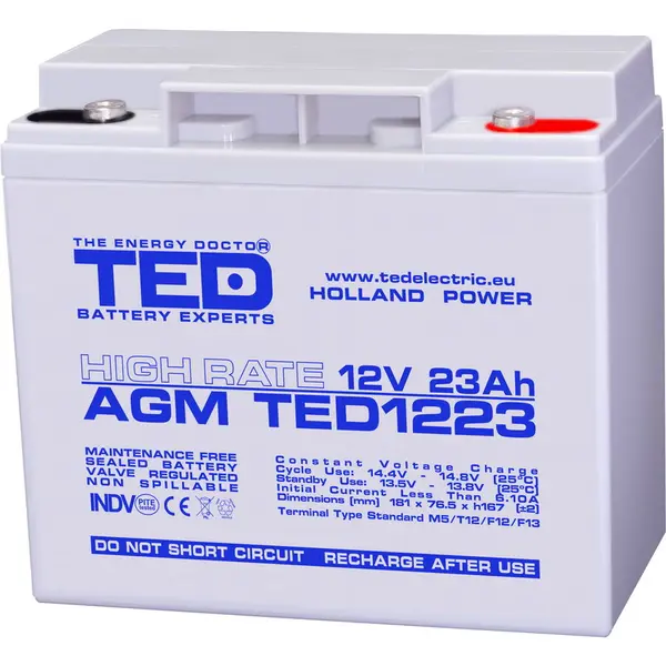 TED Electric Acumulator Ted Electric TED003362, 12V High Rate, Dimensiuni 181 x 76 x 167 mm, Baterie 12V 23Ah M5