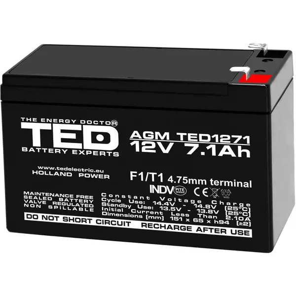 TED Electric Acumulator TED Electric TED003416, 12V Stationar VRLA, Dimensiuni 151 x 65 x 95 mm, Baterie 12V 7.1Ah F1