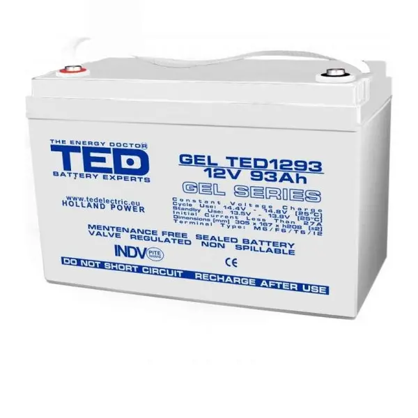 TED Electric Acumulator Ted Electric TED003485, 12V GEL Deep Cycle Solar, Dimensiuni 305 x 167 x 208 mm, Baterie 12V 93Ah M8