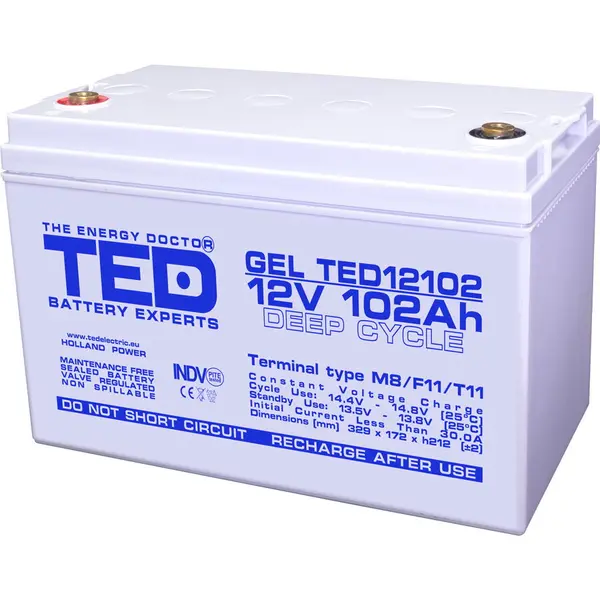 TED Electric Acumulator TED Electric TED003492, 12V GEL Deep Cycle Solar, Dimensiuni 331 x 173 x 213 mm, Baterie 12V 102Ah M8