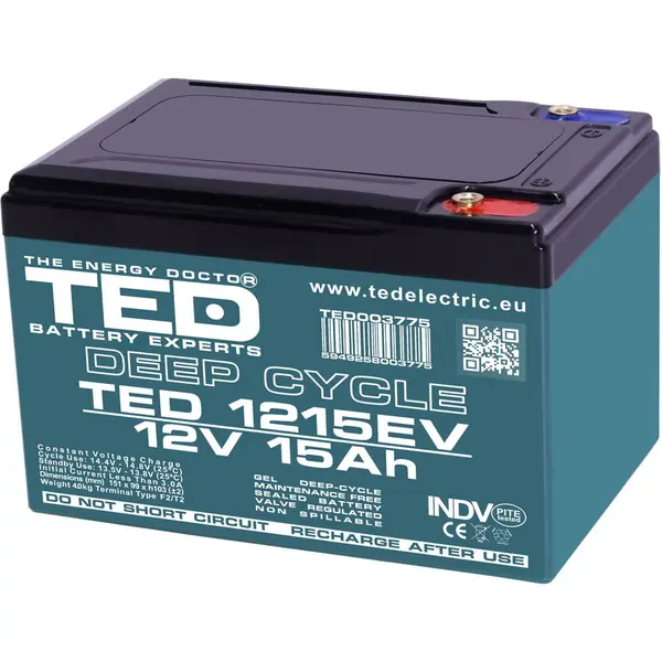 TED Electric Acumulator TED Electric TED003775, 12V Vehicule Electrice, Dimensiuni 151 x 98 x 95 mm, Baterie 12V 15Ah M5