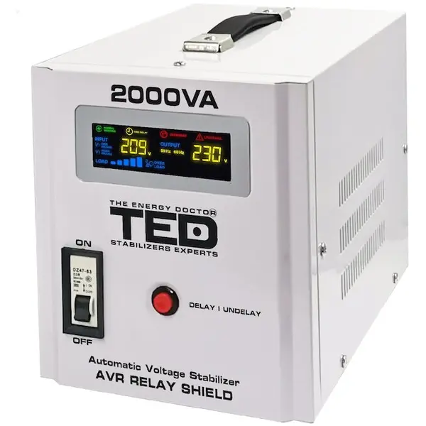 TED Electric Stabilizator retea automat 2000VA 1200W cu Ecran LCD si Sinusoidala Pura cu 2 Iesiri Schuko, TED Electric