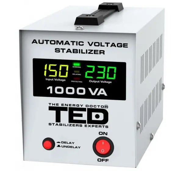TED Electric Stabilizator tensiune Ted Electric TED000040 600W 230V cu 2 iesiri Schuko si sinusoidala pura + ecran LCD cu valorile tensiunii, Alb