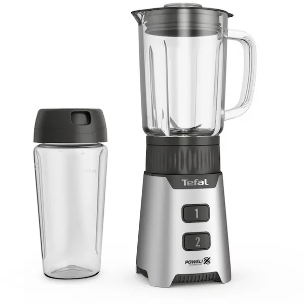 Tefal Blender Tefal Minimix BL16GE30, 400W, 2 trepte de viteza, recipient din sticla termorezistent 0.7 L, recipient portabil 0.6 L, lame detasabile Powelix, argintiu