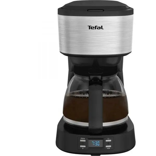 Tefal Cafetiera Tefal Equinox CM520D10, capacitate 1.2L, timer digital, functie pastrare la cald, comutator ON/OFF iluminat, sistem antipicurare, suport detasabil filtru, negru/inox