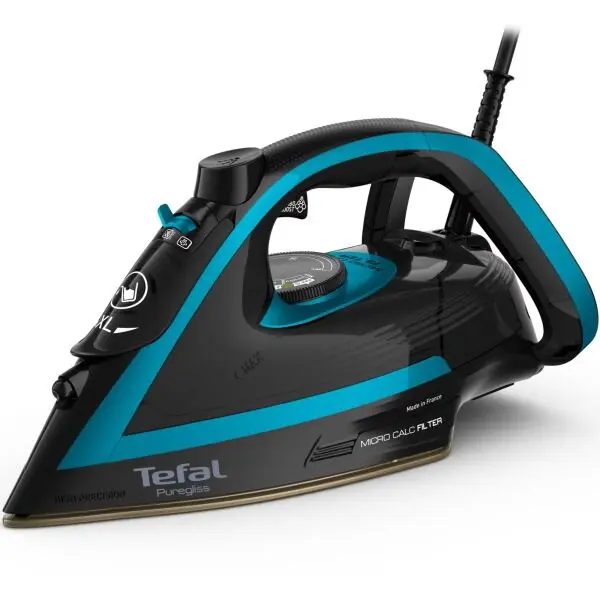 Tefal Fier de calcat Tefal Puregliss FV8066E0, 3000 W, abur variabil 50 g/min, Colector Micro Calc, Oprire automata, Negru & Albastru