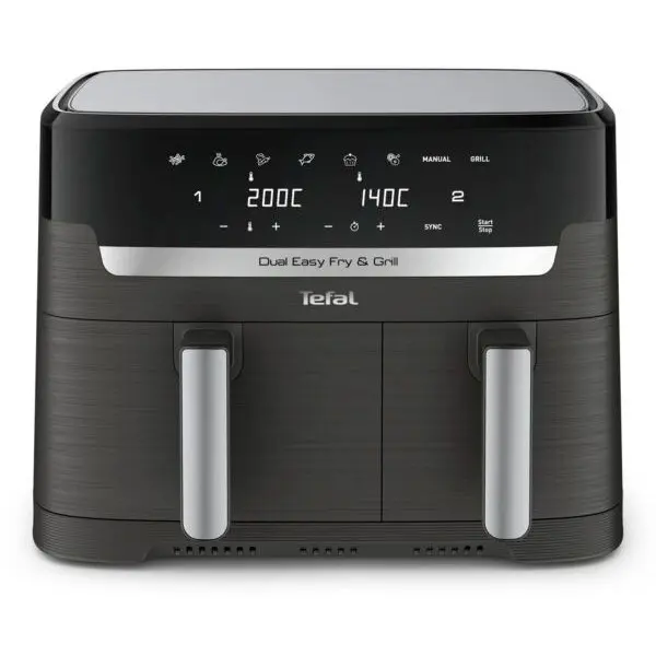 Tefal Friteuza cu aer cald Tefal Dual Easy Fry & Grill EY905B10, 2700 W, capacitate 8.3 L, 8 programe automate, Tehnologia ExtraCrisp, vas detasabil antiadeverent, Display LCD, Gri