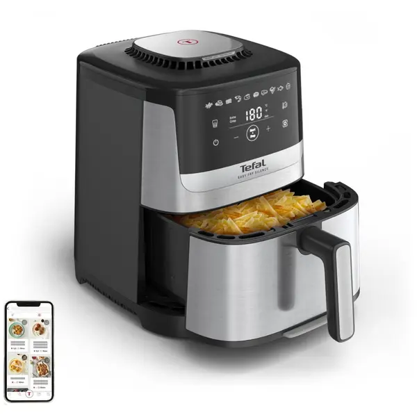 Tefal Friteuza cu aer cald Tefal Easy Fry Silence EY552DE0, 1670W, 5L, 10 programe automate, ecran LCD, silentioasa, cu maner detasabil, cronometru, argintiu-negru