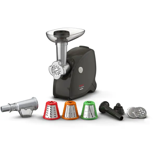 Tefal Masina de tocat carne Tefal NE477838, capacitate 2.3kg/min, 2000W, set 3 grile de inox, set 3 conuri pentru razuit, sertar pentru depozitare, accesoriu carnati/suc de rosii/kebbe, negru