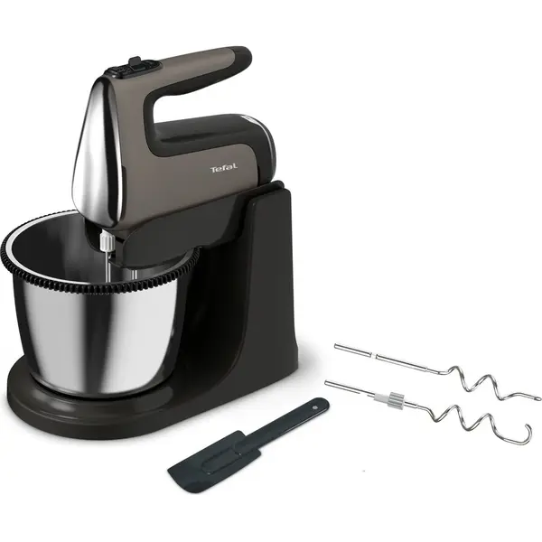 Tefal Mixer cu bol Tefal PowerMix Silence HT654E38, 600 W, rotire automata a bolului, functie turbo, 2 teluri inox, 2 carlige inox, spatula, Argintiu/Negru