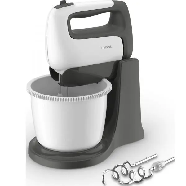 Tefal Mixer cu bol Tefal Prep'Mix+ HT464138, 500 W, 2.5L, 5 trepte viteza, functie turbo, 2 teluri inox, 2 carlige inox, bol auto-rotativ