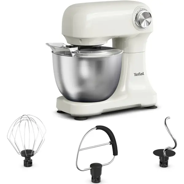 Tefal Robot de bucatarie Tefal Bake Easy QB140AF0, 500W, 12 trepte de viteza, bol 3.5L, functie Pulse, design compact, tel pentru oua, accesoriu mixat, carlig aluat, functie oprire automata, Bej