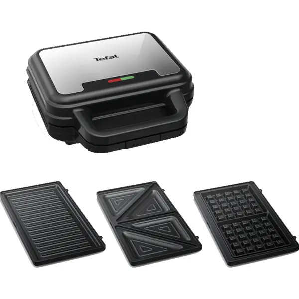 Tefal Sandwich maker Tefal UltraCompact 3 in 1 SW383D10, 700W, placi detasabile pentru gofre, sandwich-uri si panini, invelis antiaderent, negru-argintiu