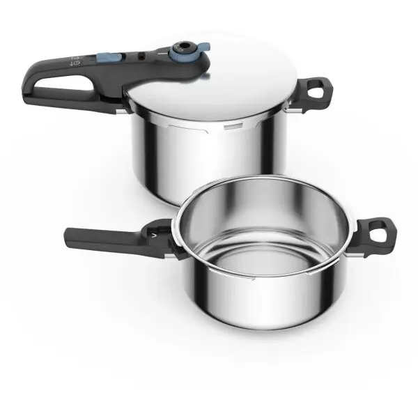 Tefal Set 2 oale sub presiune TEFAL Secure Trendy P2584301, Volum 4+6l, 5 sisteme de siguranta, 2 nivele de presiune, Controlul presiunii, Cos pentru preparare la aburi, Otel inoxidabil